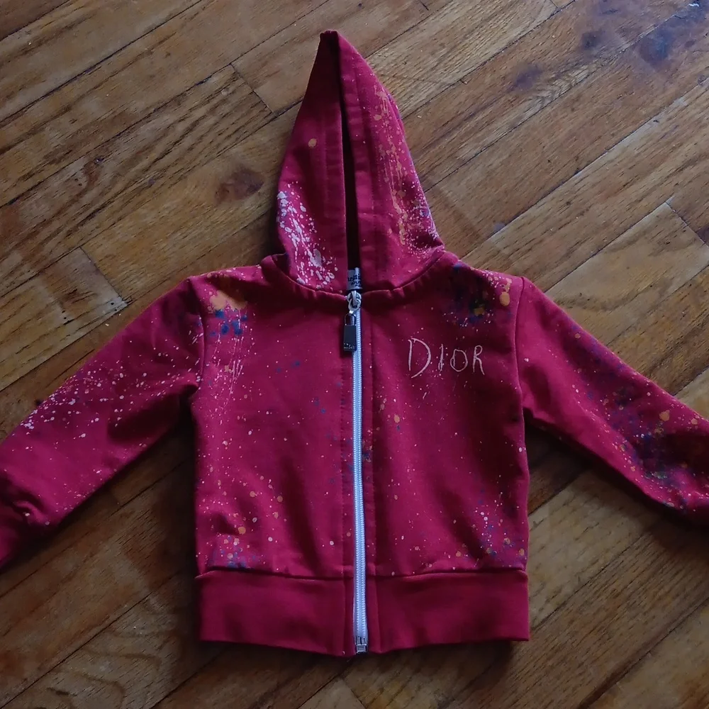 Christian Dior Boutique Paris Baby Zip-Up Hoodie Red Paint Splatter 0-3 NWOT - Picture 1 of 8